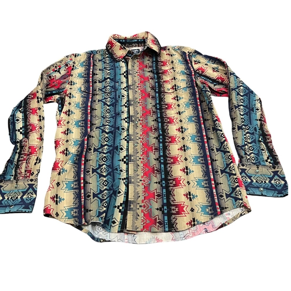 Wrangler Western Checotah Shirt Medium Multicolor Aztec Geometric Pearl Snap LS